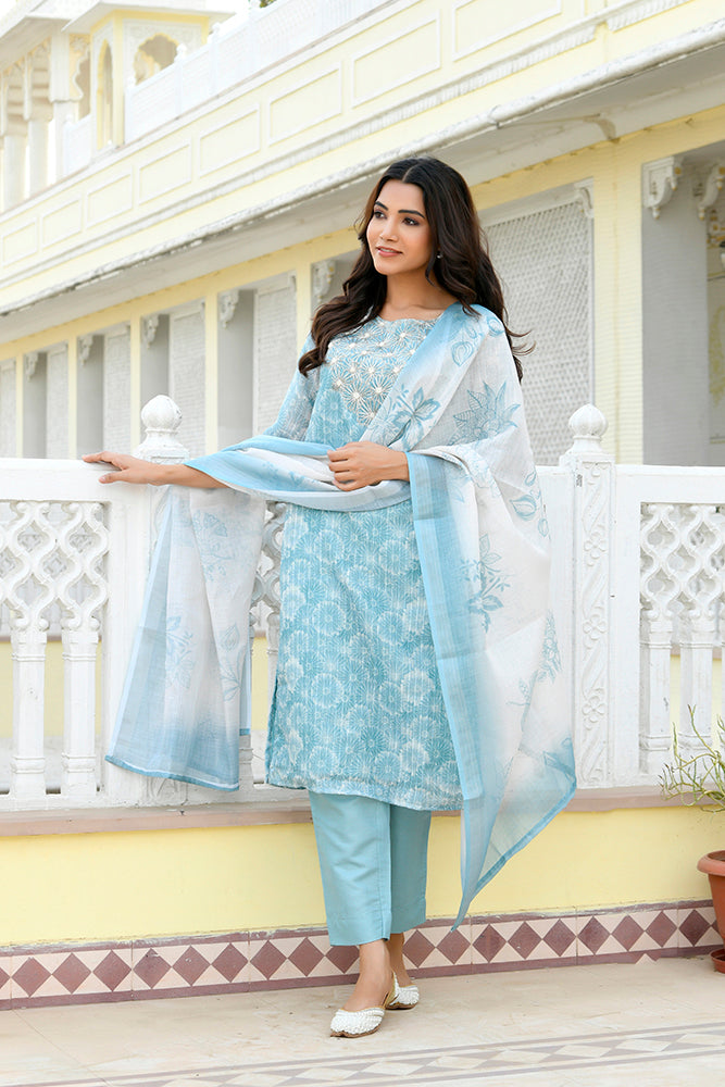 Vaasva Women Blue Tissue Linen Embroidered Solid Kurta Set With Solid Pants & Printed Dupatta | Grocsy
