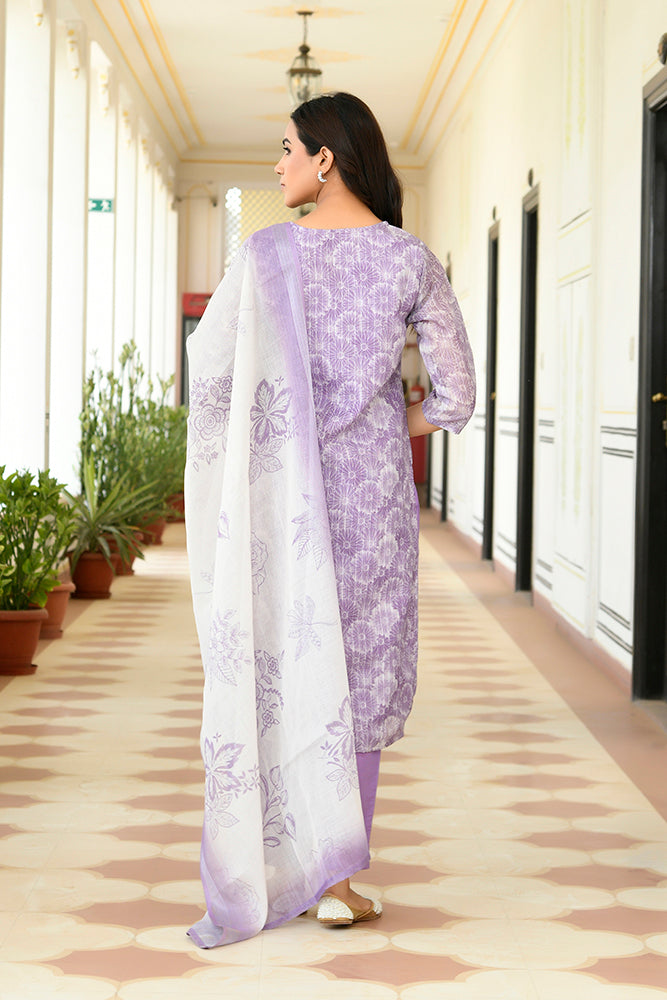 Vaasva Women Lavender Tissue Linen Embroidered Solid Kurta Set With Solid Pants & Printed Dupatta | Grocsy