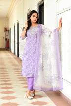 Vaasva Women Lavender Tissue Linen Embroidered Solid Kurta Set With Solid Pants & Printed Dupatta | Grocsy
