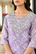 Vaasva Women Lavender Tissue Linen Embroidered Solid Kurta Set With Solid Pants & Printed Dupatta | Grocsy