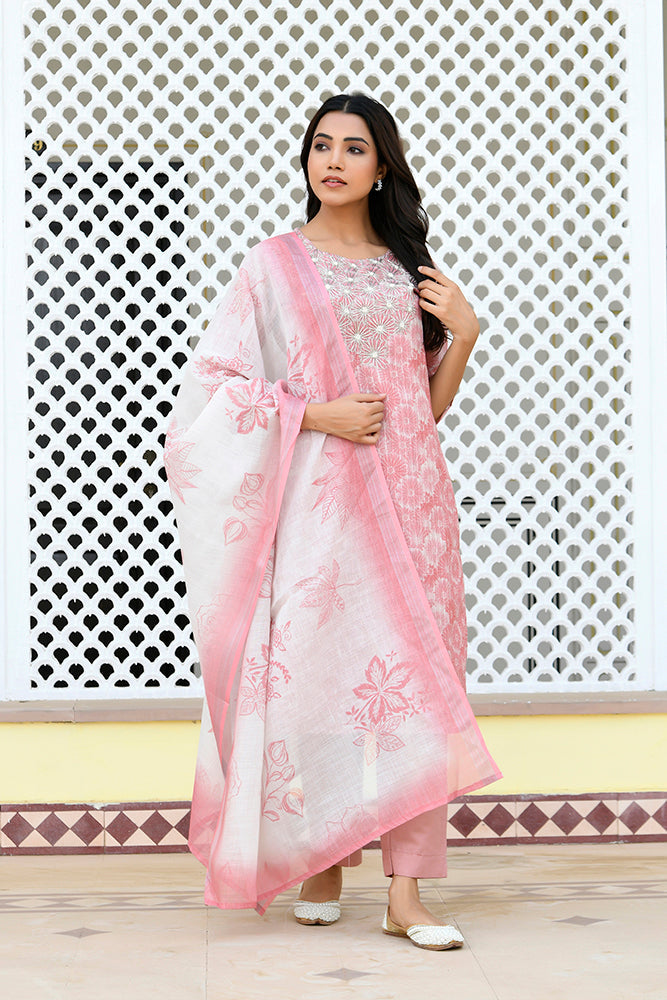 Vaasva Women Pink Tissue Linen Embroidered Solid Kurta Set With Solid Pants & Printed Dupatta | Grocsy