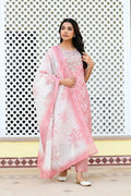 Vaasva Women Pink Tissue Linen Embroidered Solid Kurta Set With Solid Pants & Printed Dupatta | Grocsy