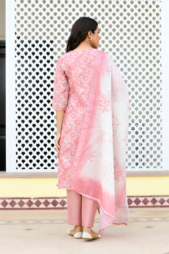 Vaasva Women Pink Tissue Linen Embroidered Solid Kurta Set With Solid Pants & Printed Dupatta | Grocsy