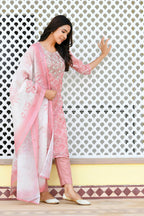 Vaasva Women Pink Tissue Linen Embroidered Solid Kurta Set With Solid Pants & Printed Dupatta | Grocsy