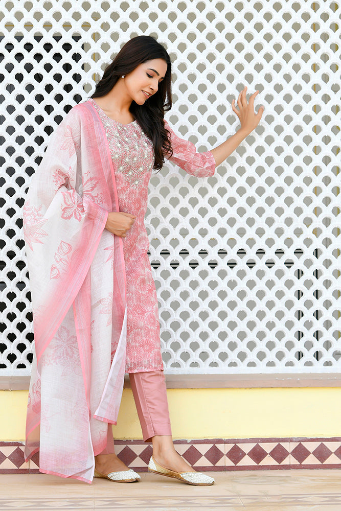 Vaasva Women Pink Tissue Linen Embroidered Solid Kurta Set With Solid Pants & Printed Dupatta | Grocsy