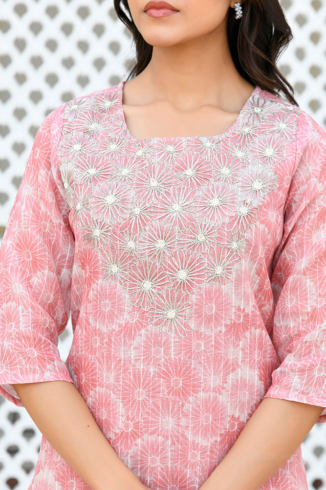 Vaasva Women Pink Tissue Linen Embroidered Solid Kurta Set With Solid Pants & Printed Dupatta | Grocsy