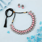Tehzeeb Creations Silver Plated Pink Colour Stone Jewellery Choker Necklace Set With Matching Pair of Stud Earrings | Grocsy
