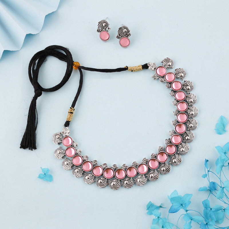 Tehzeeb Creations Silver Plated Pink Colour Stone Jewellery Choker Necklace Set With Matching Pair of Stud Earrings | Grocsy