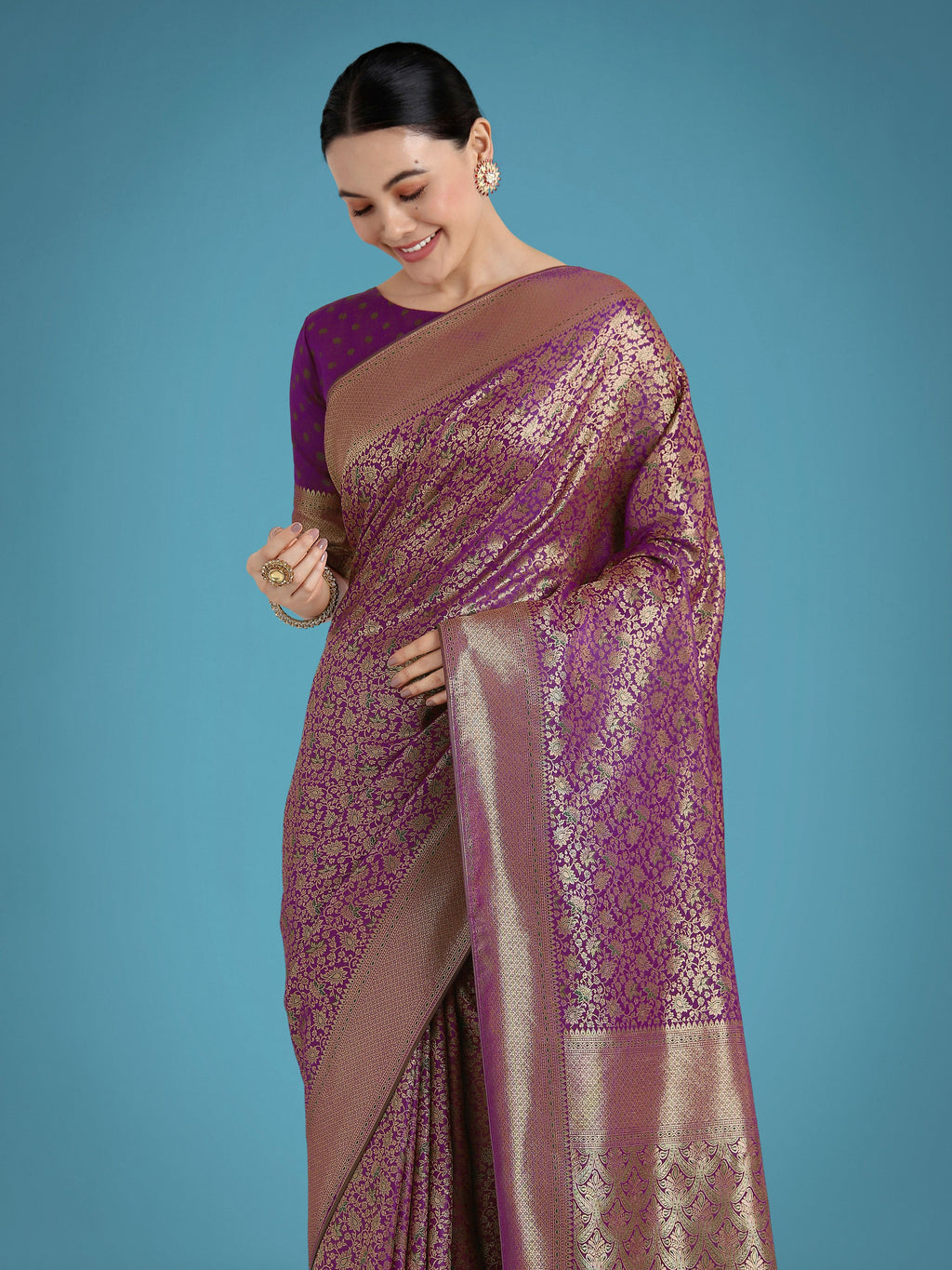 Monjolika Fashion Dark Purple Color Baanrasi Satin Silk Saree for Wedding Functions | Grocsy