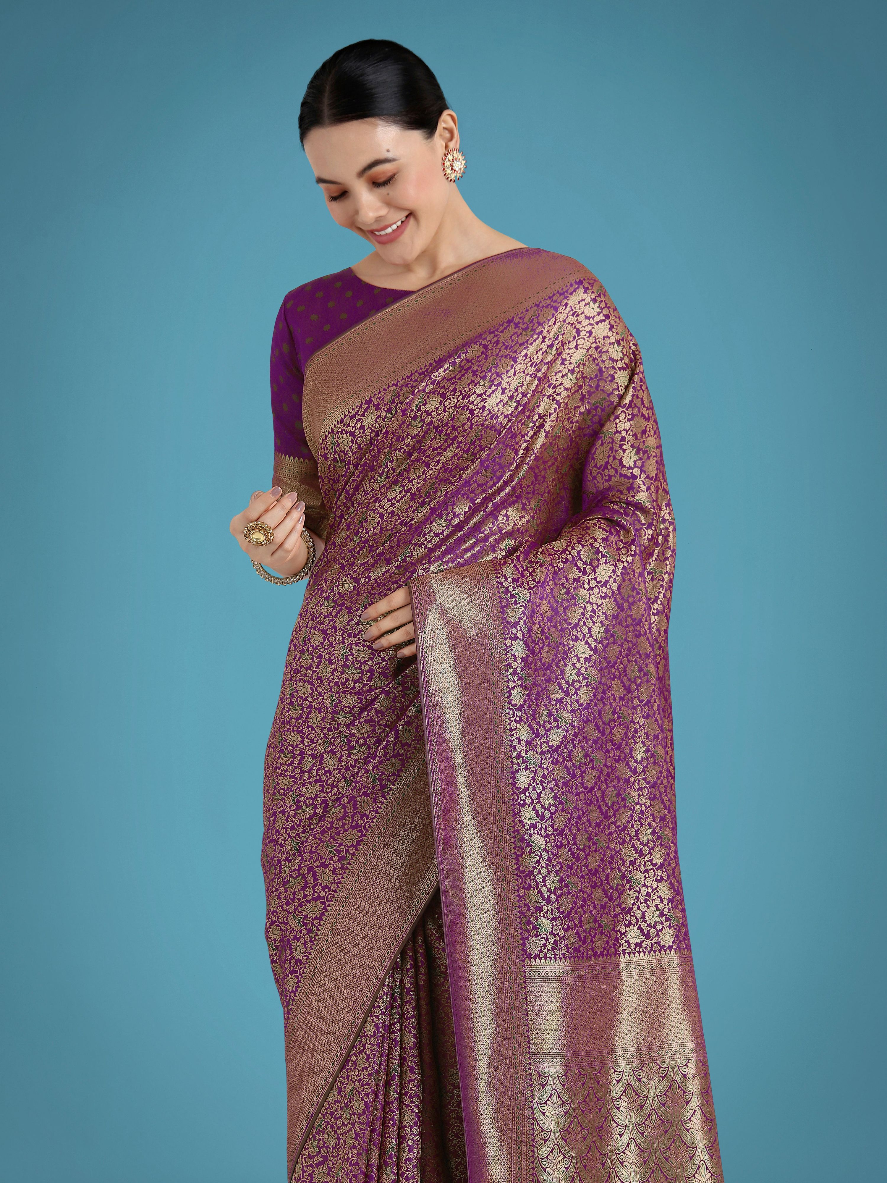 Monjolika Fashion Dark Purple Color Baanrasi Satin Silk Saree for Wedding Functions | Grocsy
