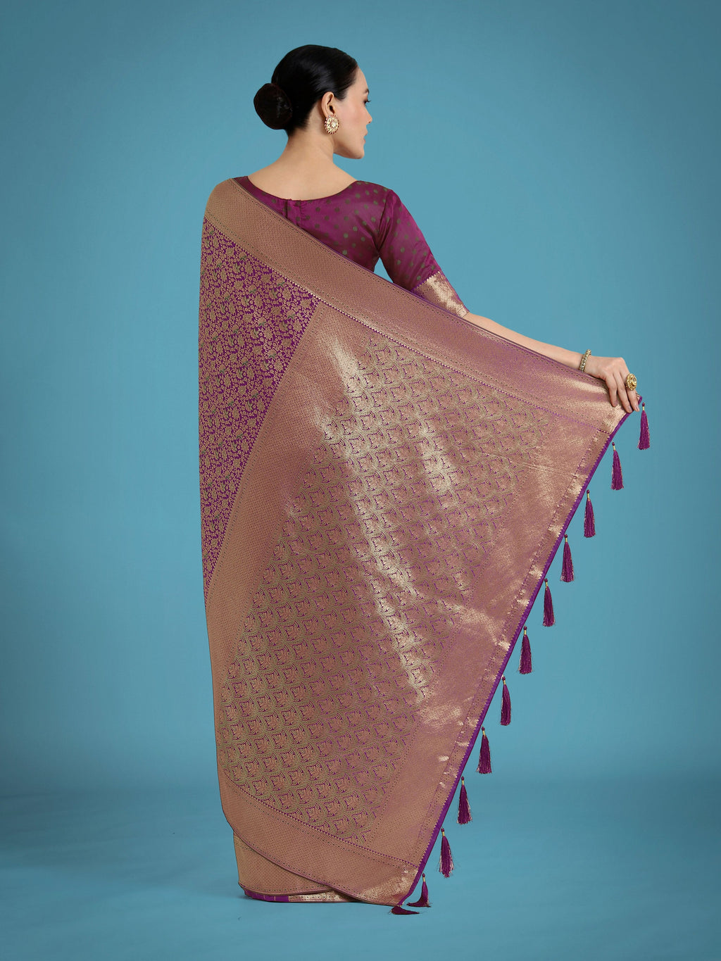 Monjolika Fashion Dark Purple Color Baanrasi Satin Silk Saree for Wedding Functions | Grocsy