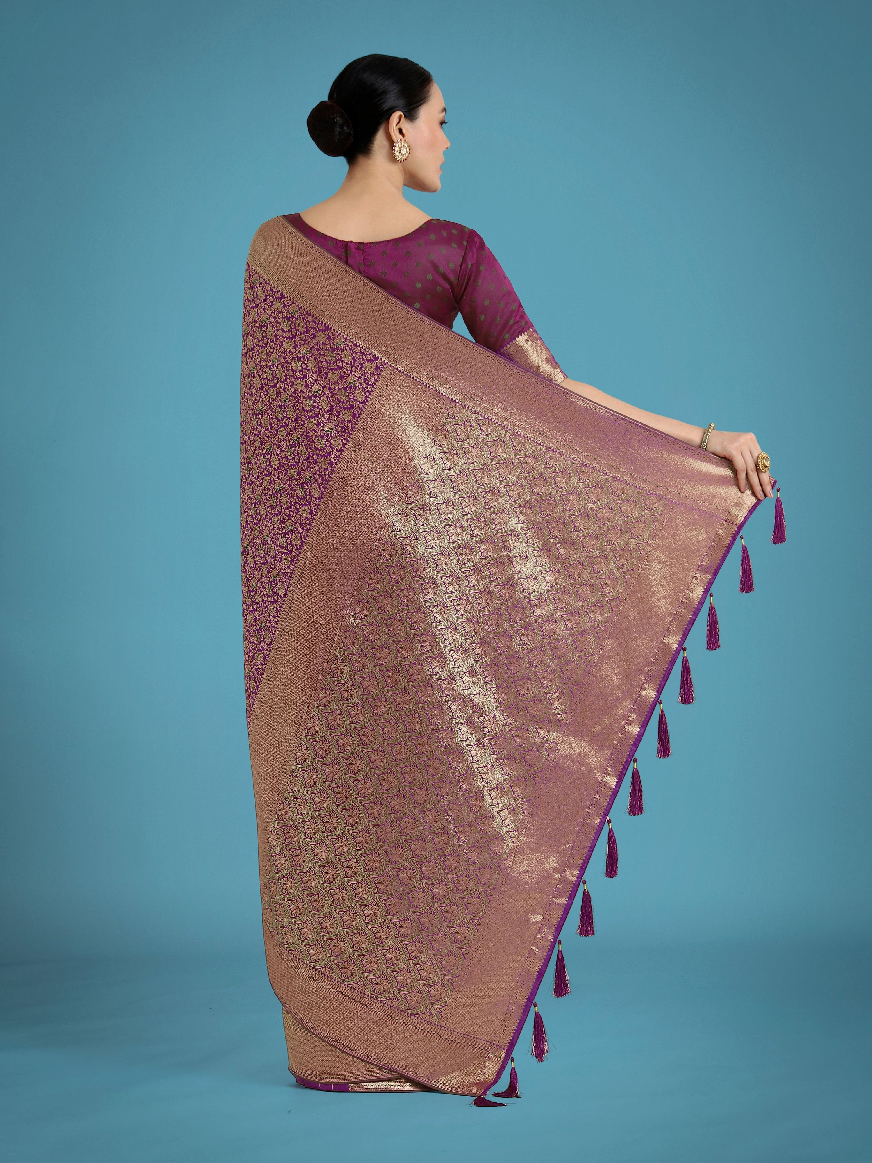 Monjolika Fashion Dark Purple Color Baanrasi Satin Silk Saree for Wedding Functions | Grocsy