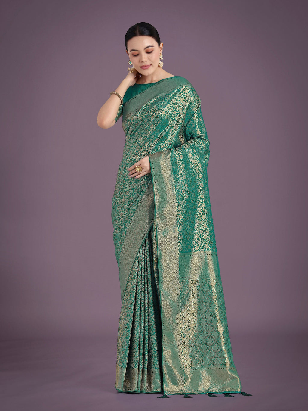 Monjolika Fashion Teal Color Baanrasi Satin Silk Saree for Wedding Functions | Grocsy