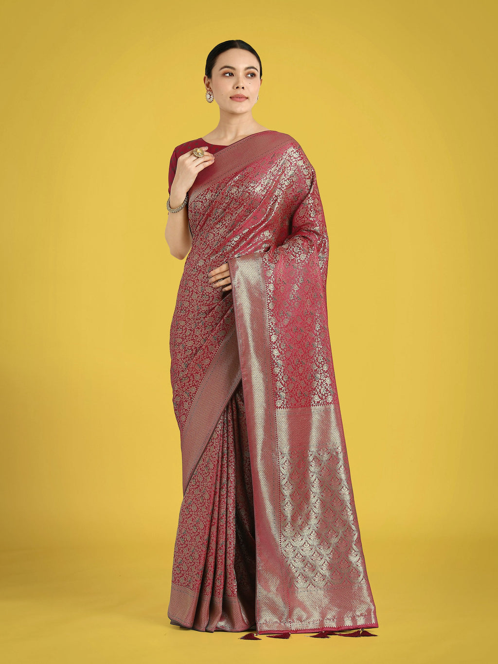 Monjolika Fashion Maroon Color Baanrasi Satin Silk Saree for Wedding Functions | Grocsy