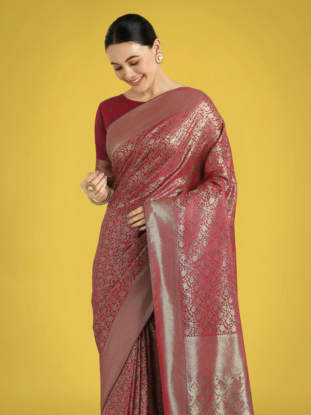 Monjolika Fashion Maroon Color Baanrasi Satin Silk Saree for Wedding Functions | Grocsy