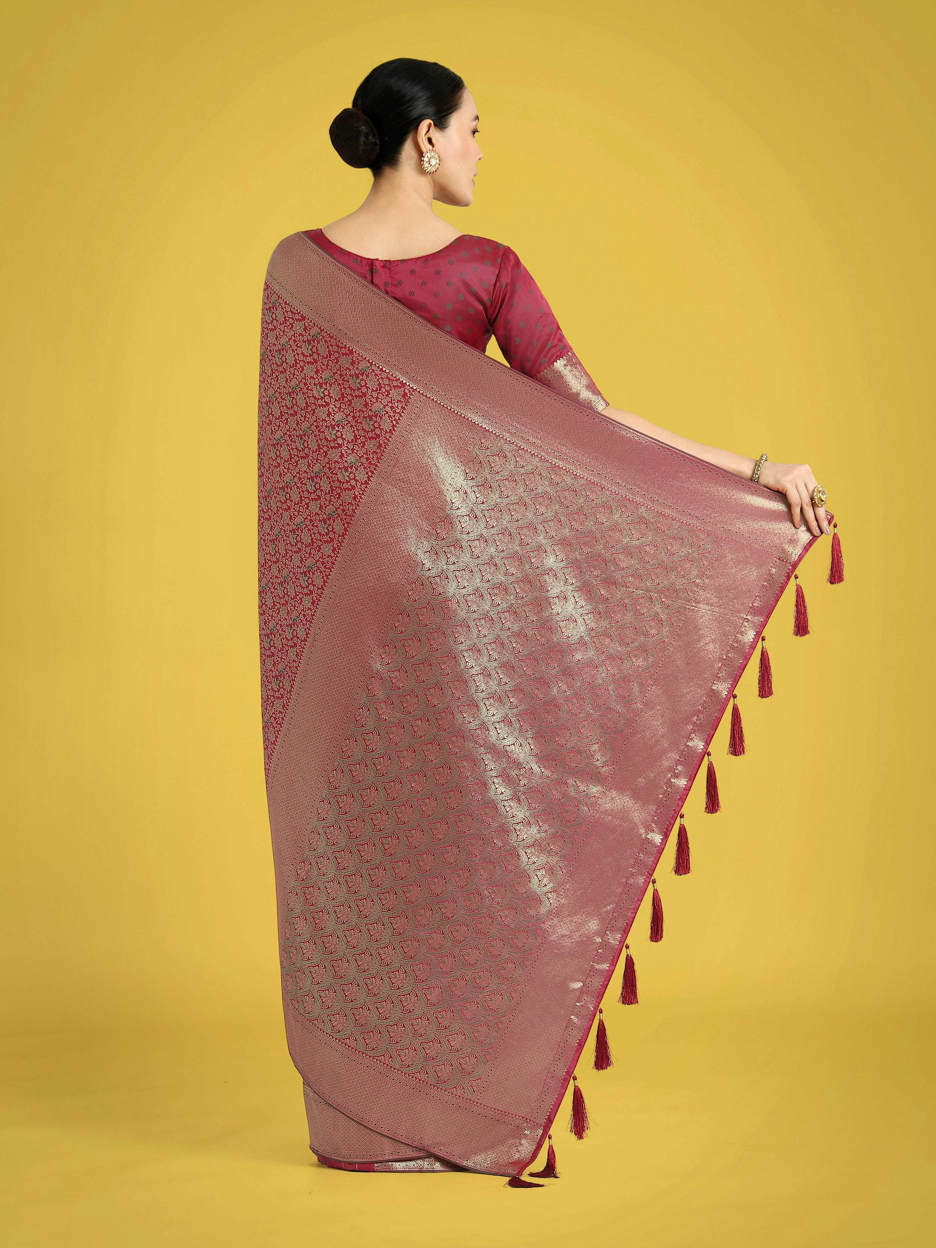 Monjolika Fashion Maroon Color Baanrasi Satin Silk Saree for Wedding Functions | Grocsy