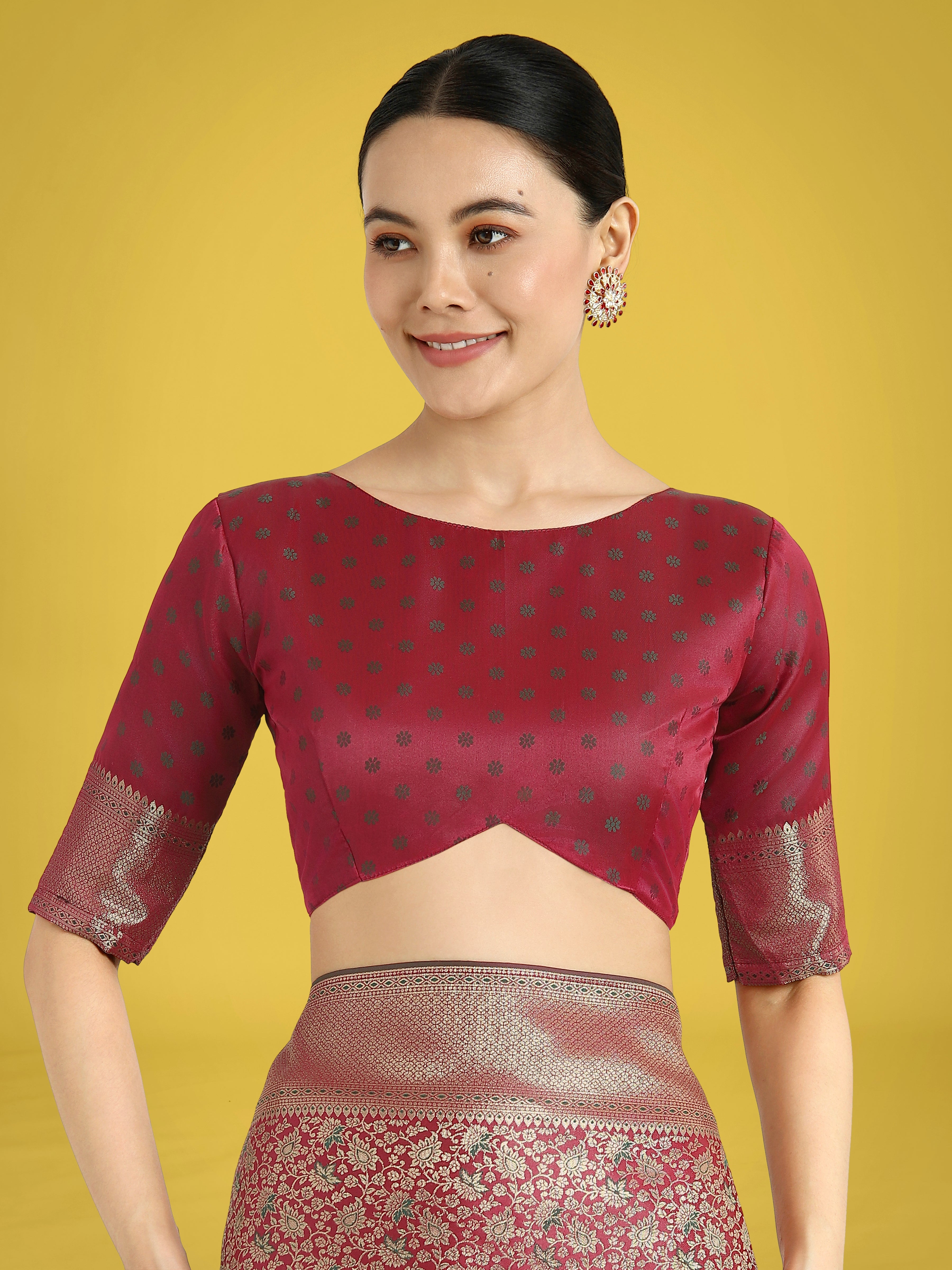 Monjolika Fashion Maroon Color Baanrasi Satin Silk Saree for Wedding Functions | Grocsy