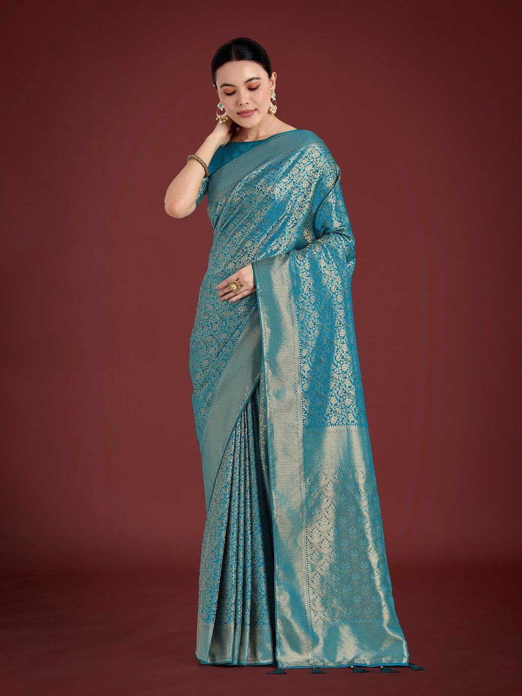 Monjolika Fashion Dusty Cyan Color Baanrasi Satin Silk Saree for Wedding Functions | Grocsy