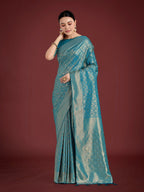 Monjolika Fashion Dusty Cyan Color Baanrasi Satin Silk Saree for Wedding Functions | Grocsy