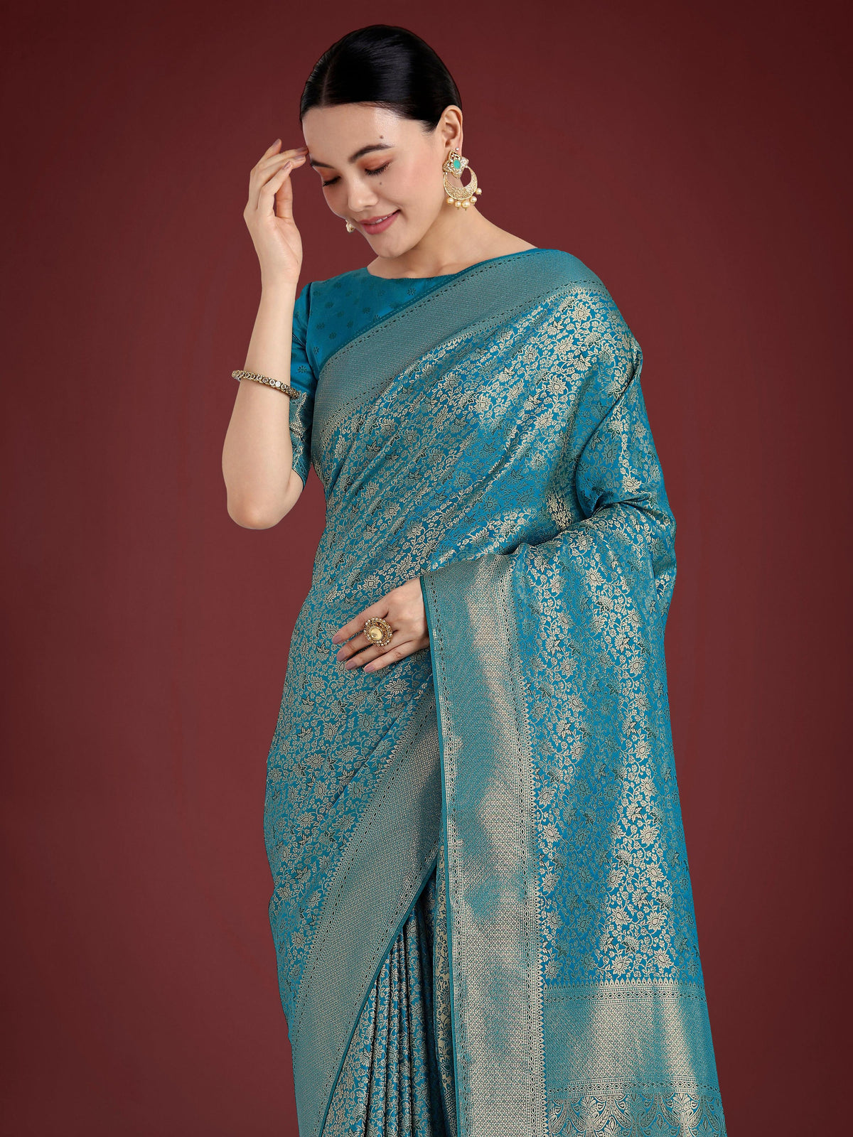 Monjolika Fashion Dusty Cyan Color Baanrasi Satin Silk Saree for Wedding Functions | Grocsy