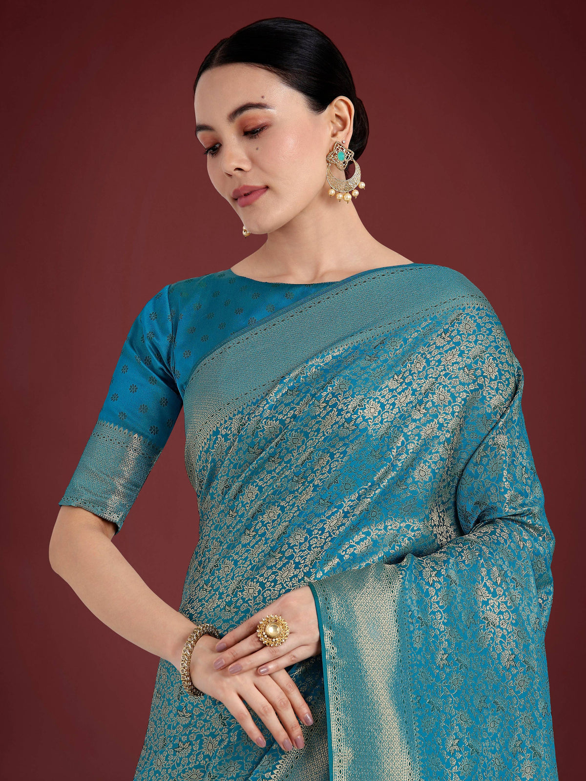 Monjolika Fashion Dusty Cyan Color Baanrasi Satin Silk Saree for Wedding Functions | Grocsy