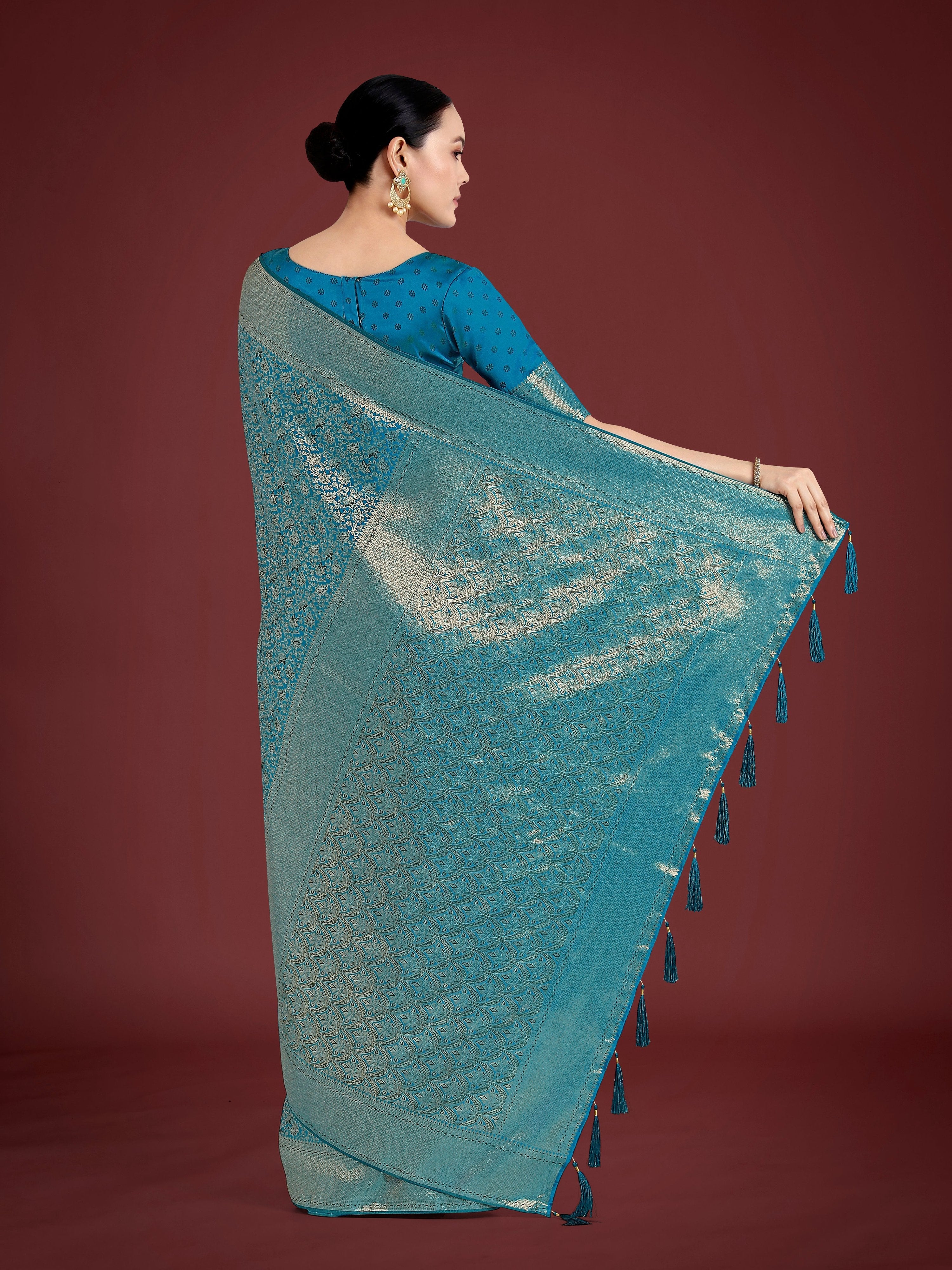 Monjolika Fashion Dusty Cyan Color Baanrasi Satin Silk Saree for Wedding Functions | Grocsy
