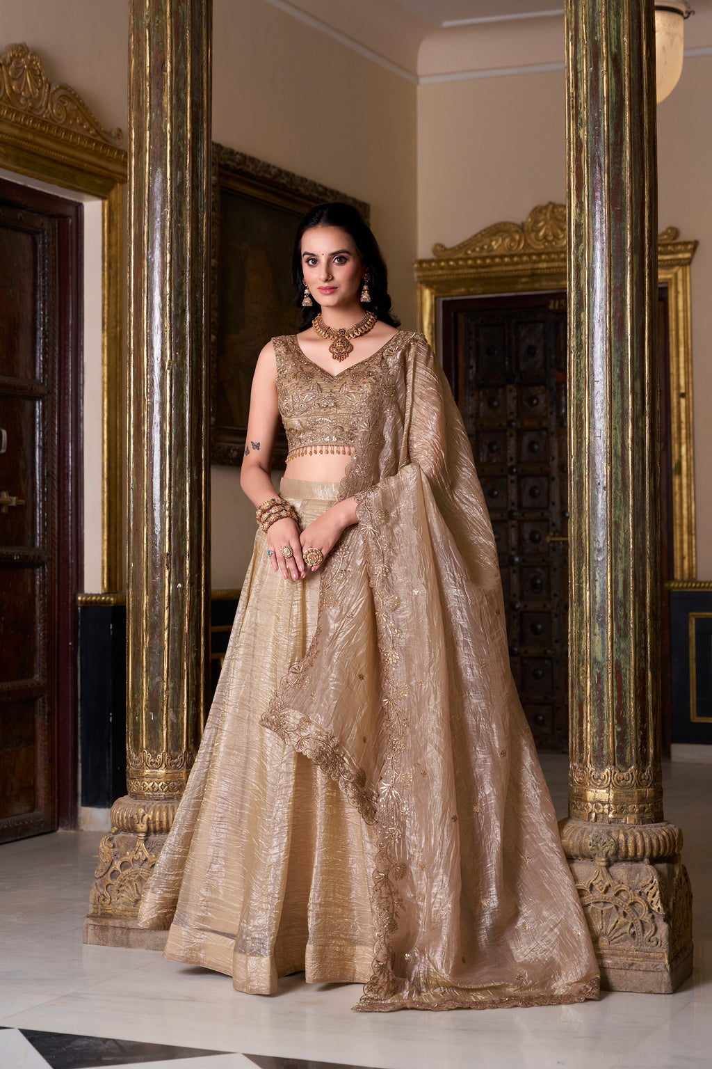 Lorenvalley Chiku Gold Crush Plain Lehenga Choli Embroidery Work with Dupatta | Grocsy