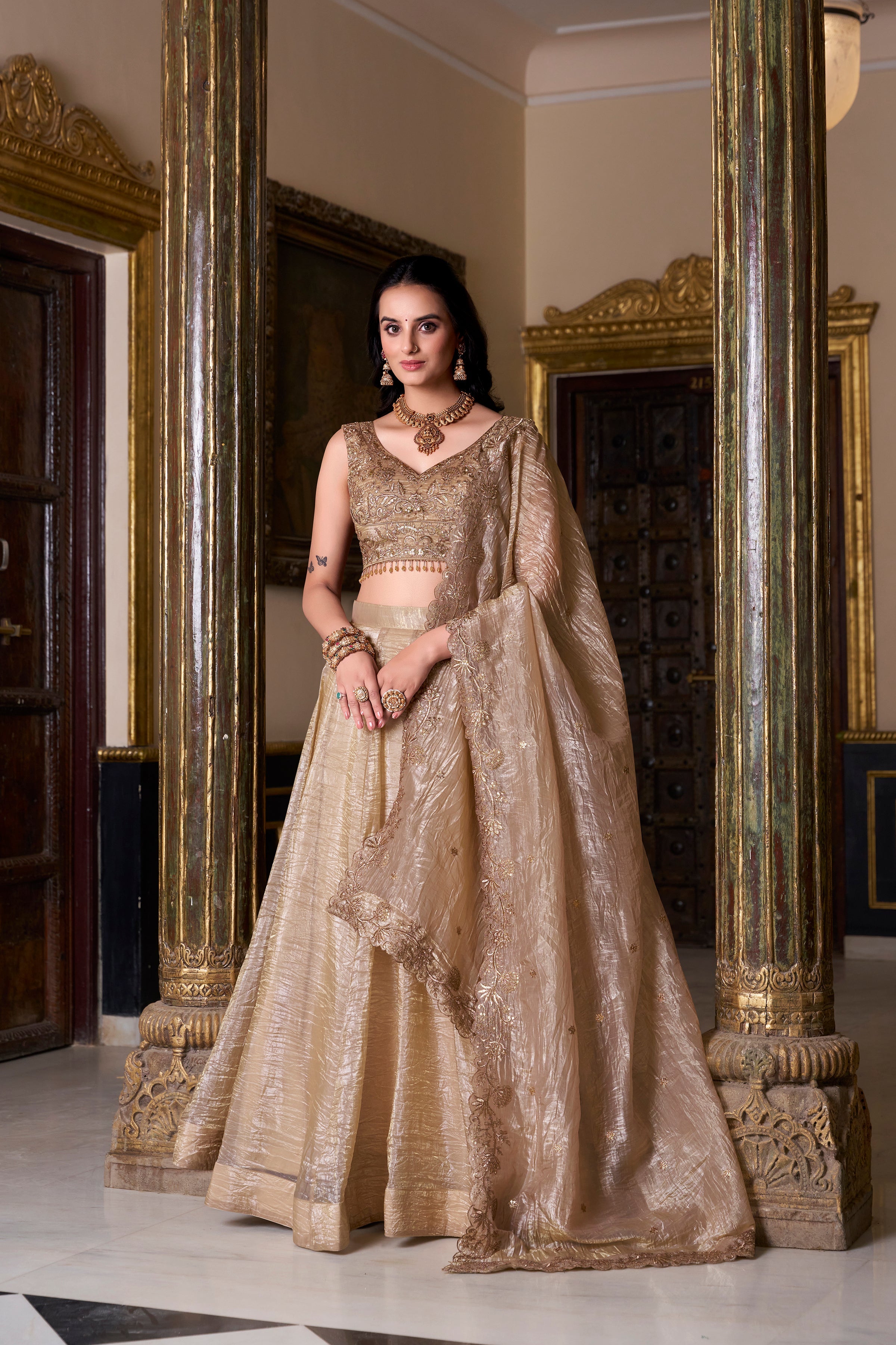 Lorenvalley Chiku Gold Crush Plain Lehenga Choli Embroidery Work with Dupatta | Grocsy