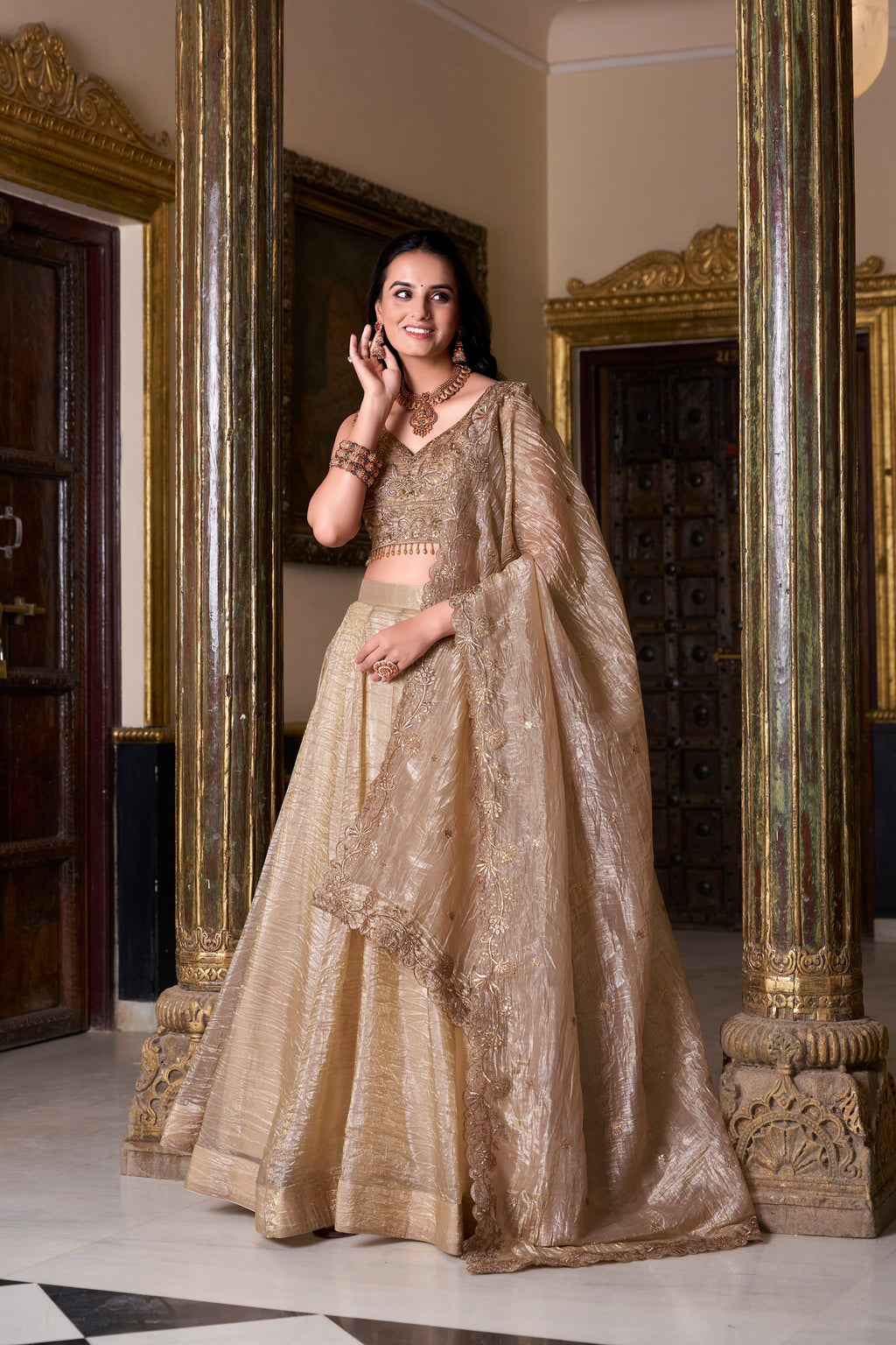 Lorenvalley Chiku Gold Crush Plain Lehenga Choli Embroidery Work with Dupatta | Grocsy