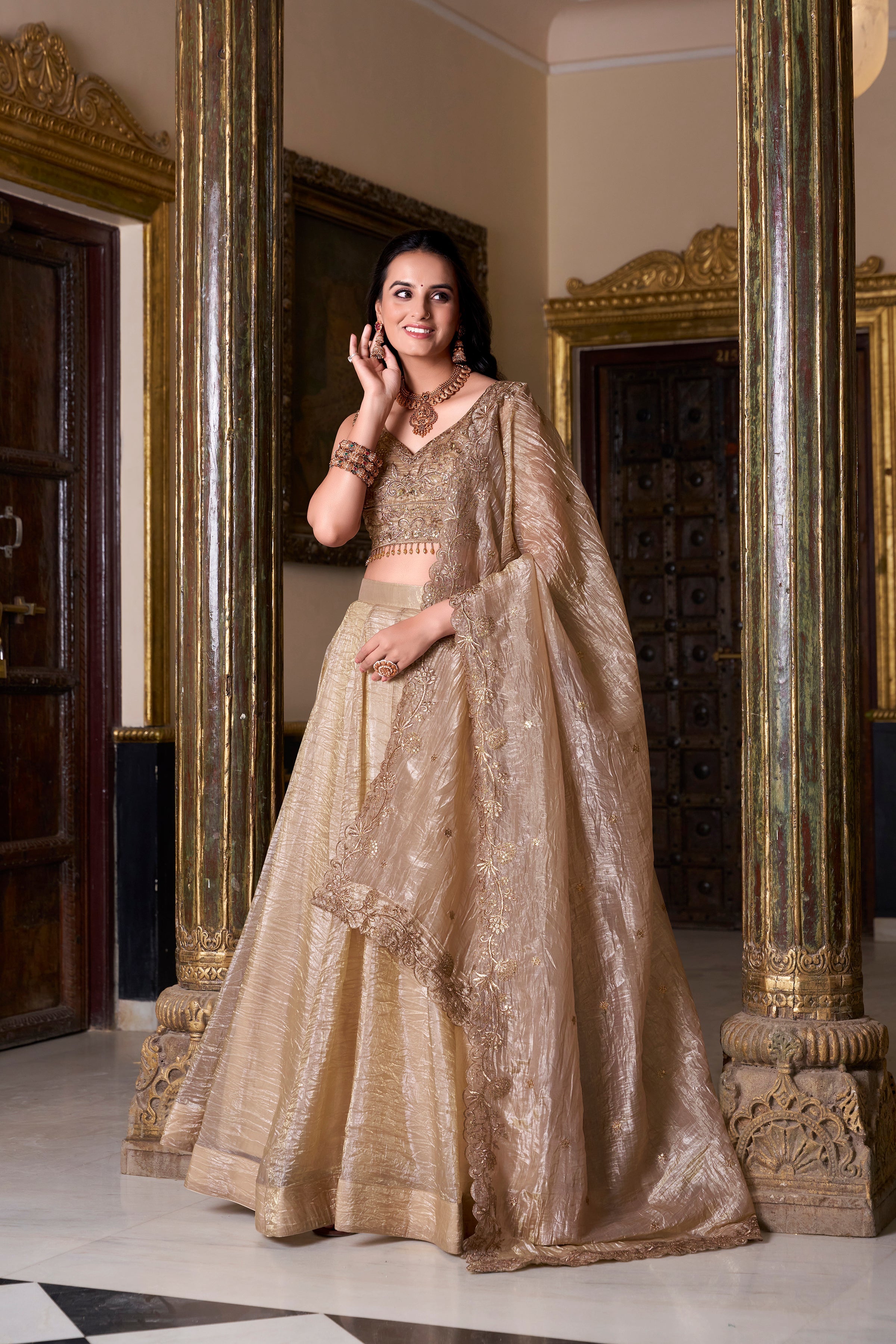 Lorenvalley Chiku Gold Crush Plain Lehenga Choli Embroidery Work with Dupatta | Grocsy