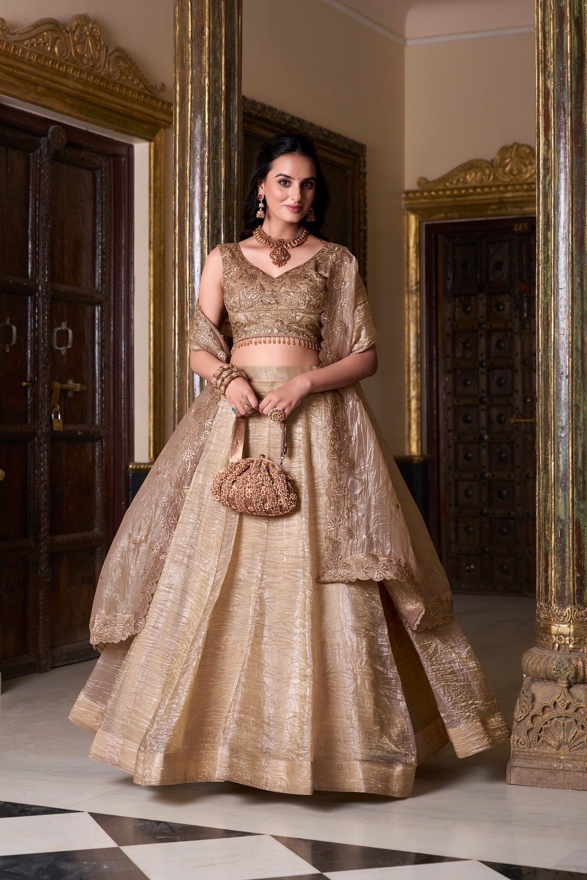Lorenvalley Chiku Gold Crush Plain Lehenga Choli Embroidery Work with Dupatta | Grocsy
