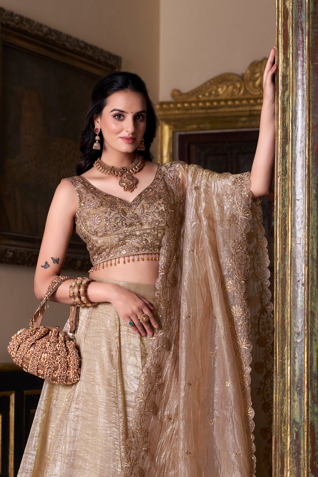 Lorenvalley Chiku Gold Crush Plain Lehenga Choli Embroidery Work with Dupatta | Grocsy