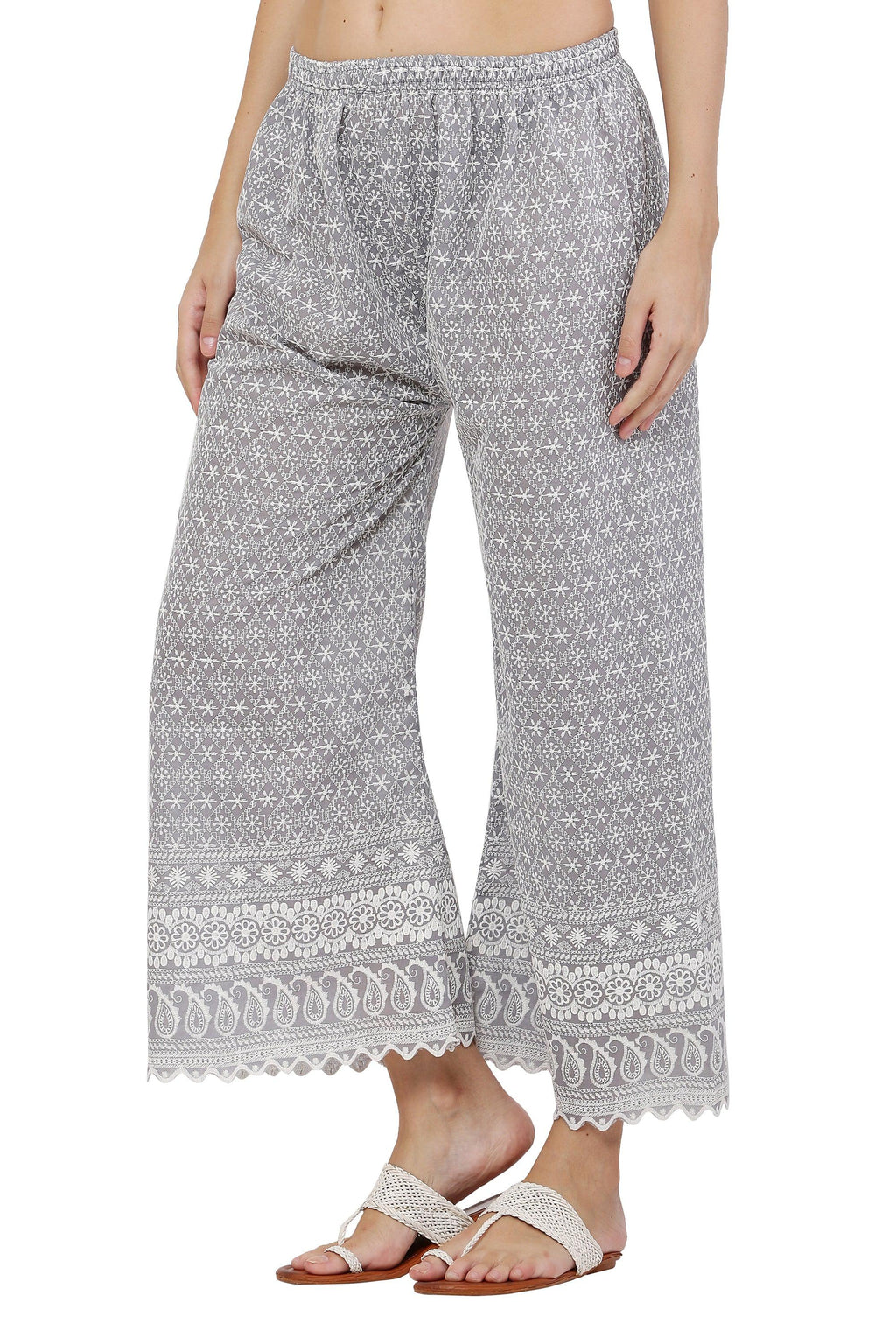 PAVONINE Grey Color Full Thread Chikankari Cotton Fabric Sharara For Women | Grocsy
