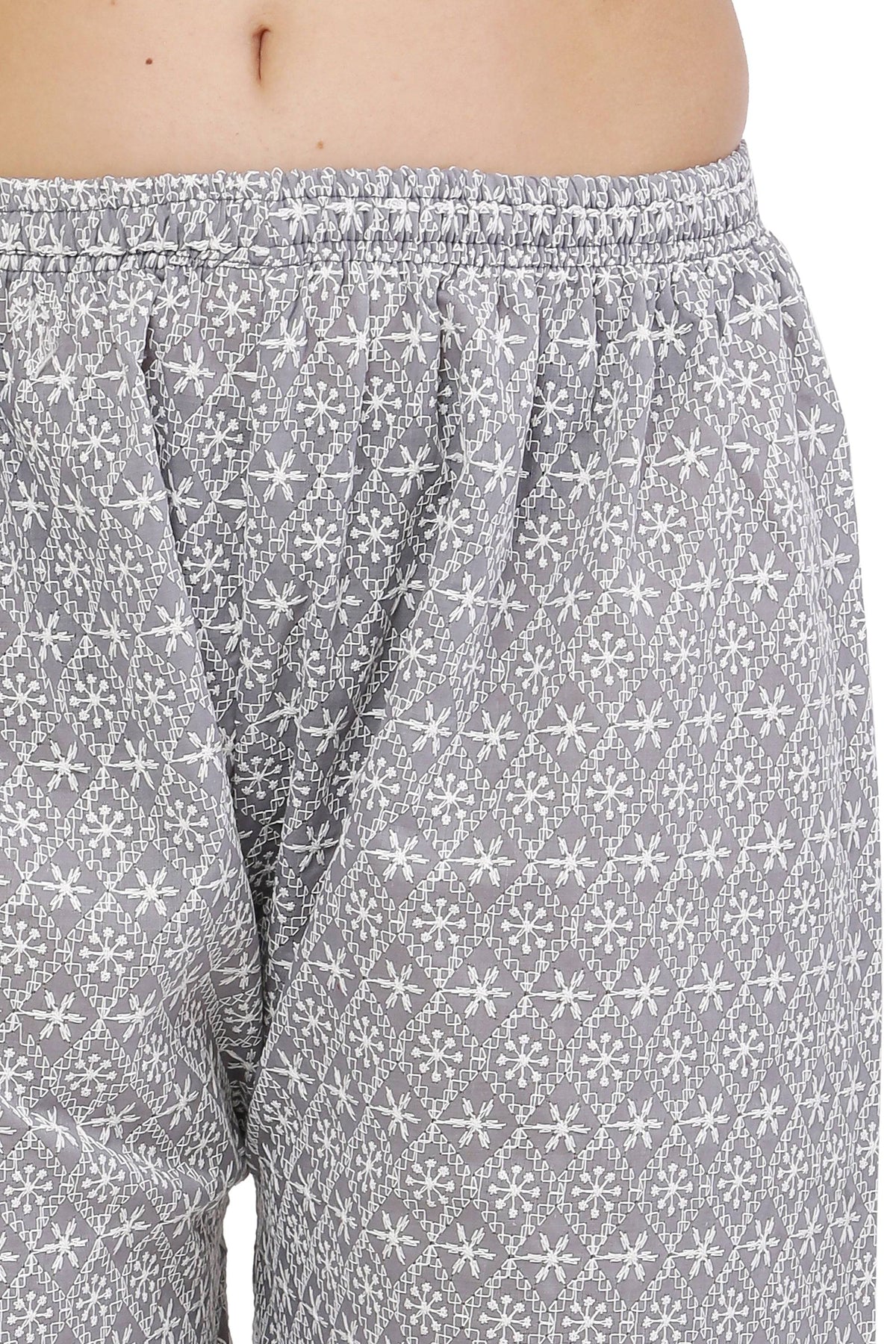 PAVONINE Grey Color Full Thread Chikankari Cotton Fabric Palazzo For Women | Grocsy
