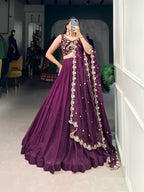 Lorenvalley Wine Organza Plain Lehenga Choli Embroidery Work with Dupatta | Grocsy