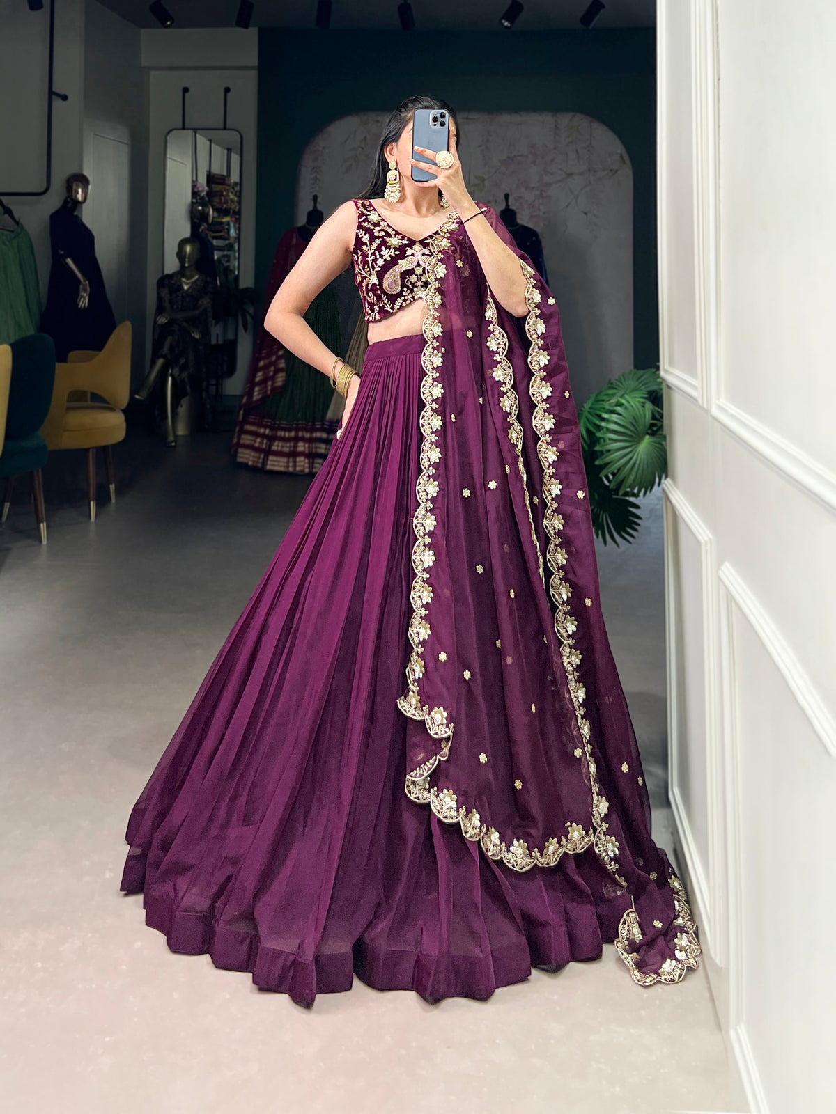 Lorenvalley Wine Organza Plain Lehenga Choli Embroidery Work with Dupatta | Grocsy