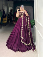 Lorenvalley Wine Organza Plain Lehenga Choli Embroidery Work with Dupatta | Grocsy
