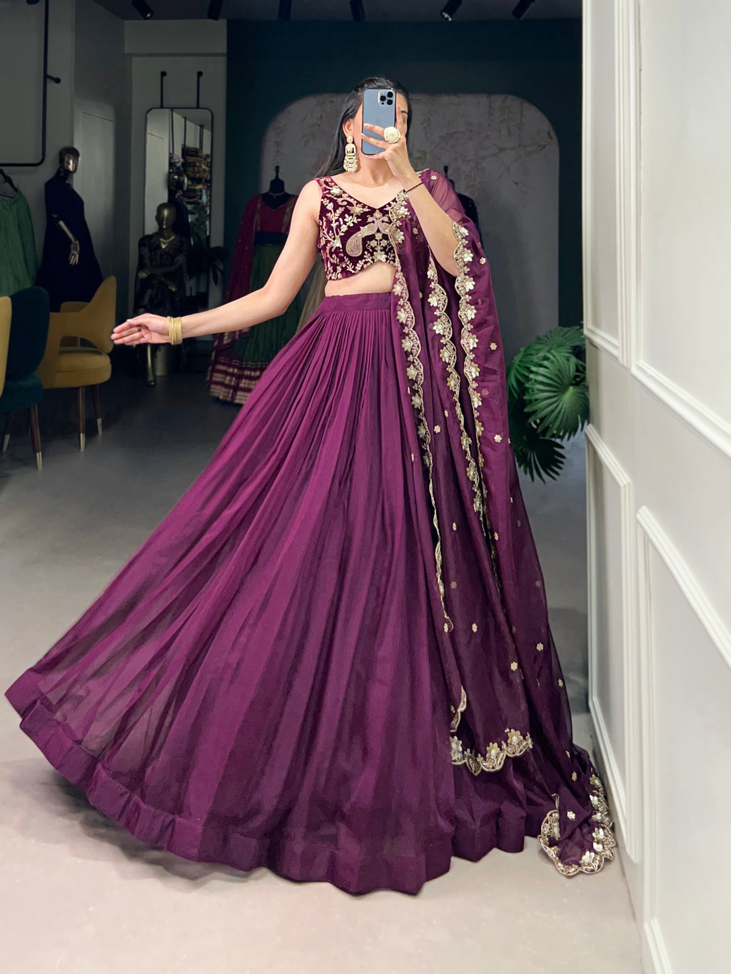 Lorenvalley Wine Organza Plain Lehenga Choli Embroidery Work with Dupatta | Grocsy