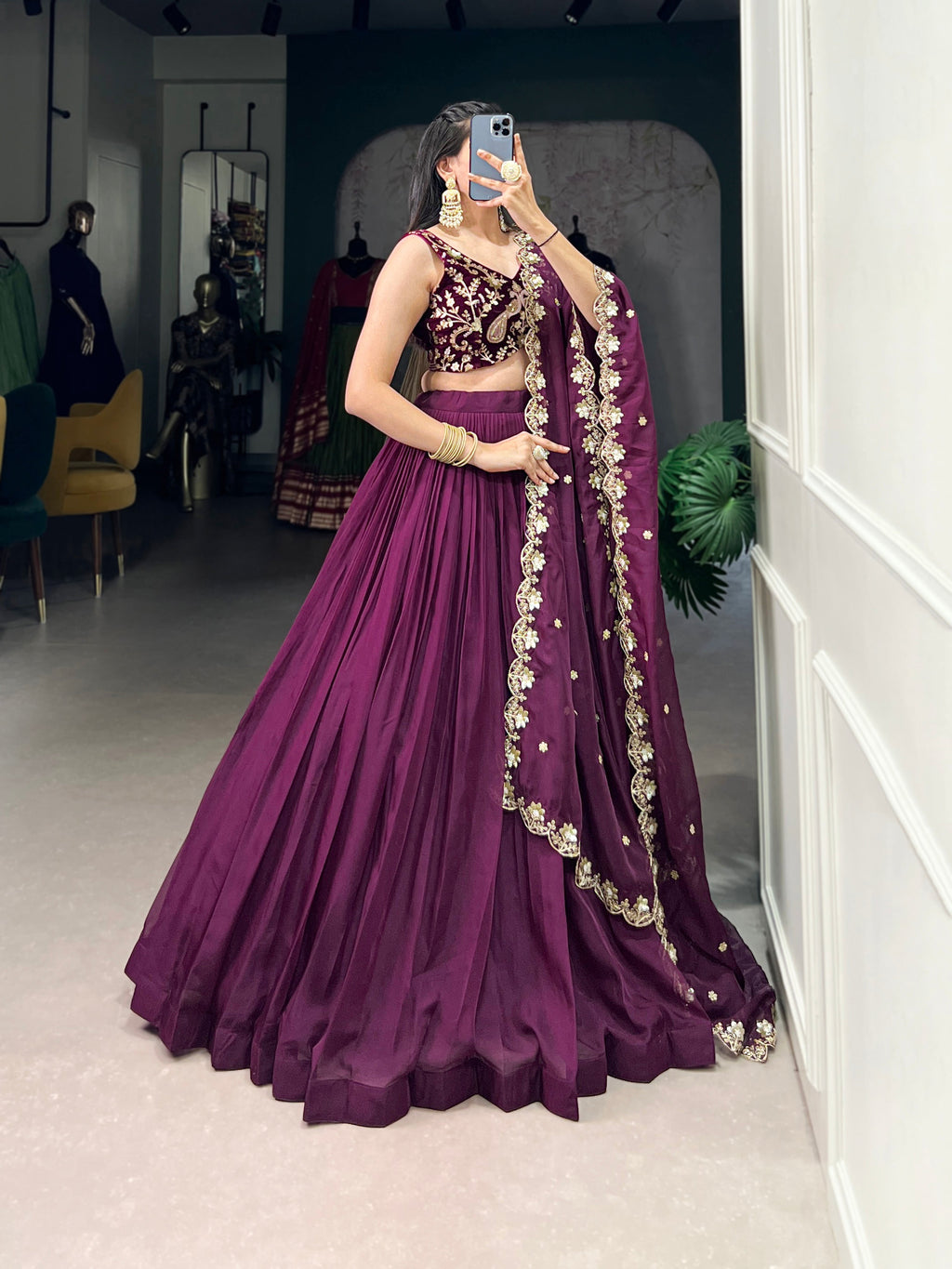 Lorenvalley Wine Organza Plain Lehenga Choli Embroidery Work with Dupatta | Grocsy