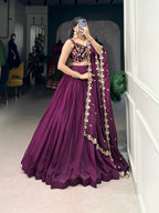 Lorenvalley Wine Organza Plain Lehenga Choli Embroidery Work with Dupatta | Grocsy