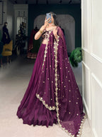 Lorenvalley Wine Organza Plain Lehenga Choli Embroidery Work with Dupatta | Grocsy