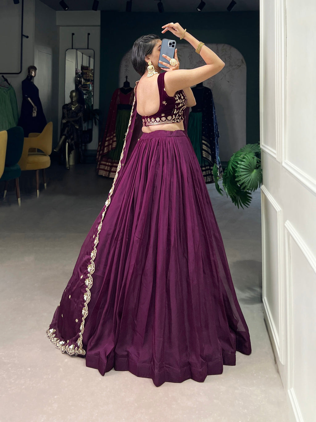 Lorenvalley Wine Organza Plain Lehenga Choli Embroidery Work with Dupatta | Grocsy
