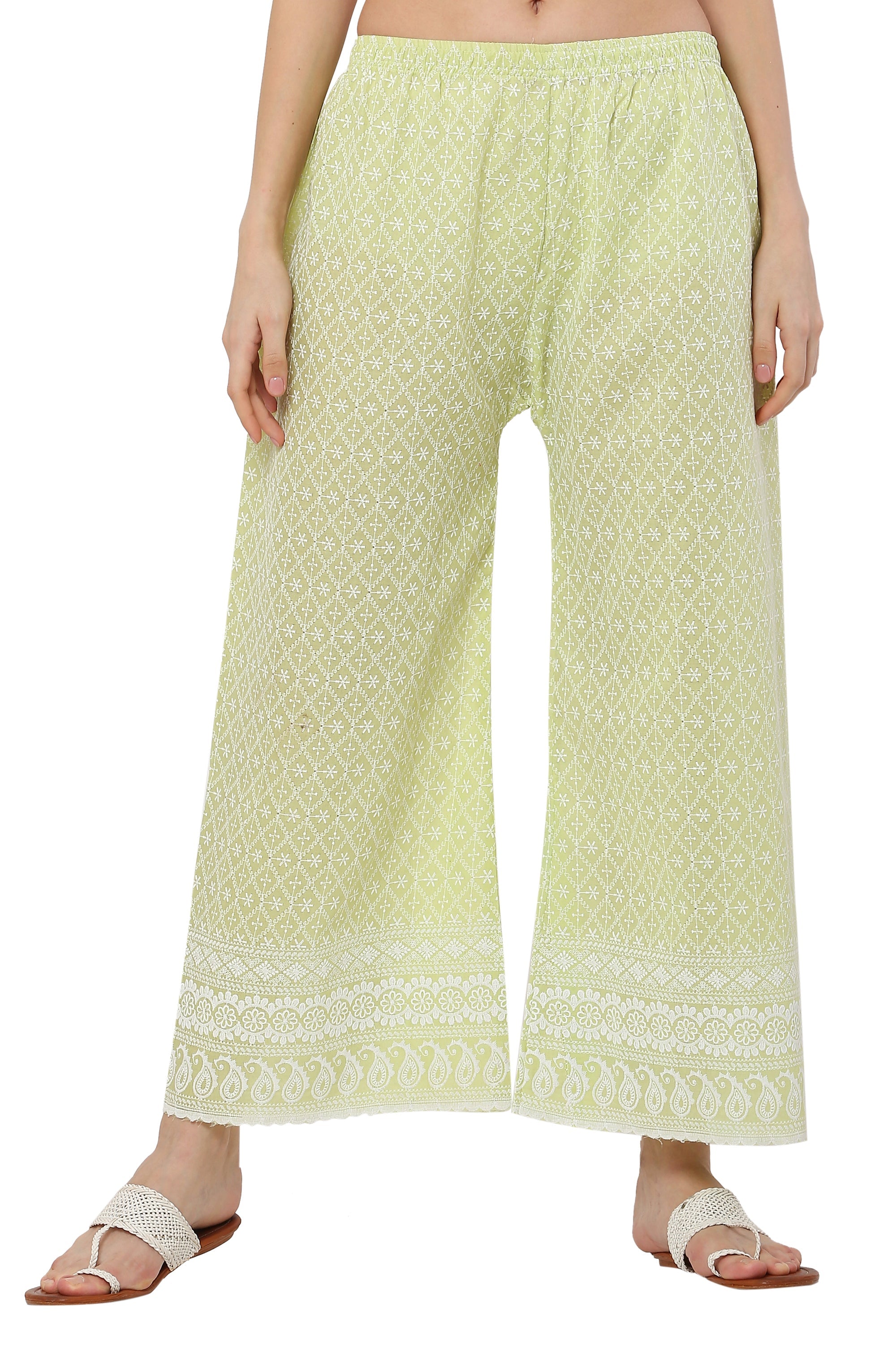 PAVONINE Lemon Color Full Thread Chikankari Cotton Fabric Palazzo For Women | Grocsy