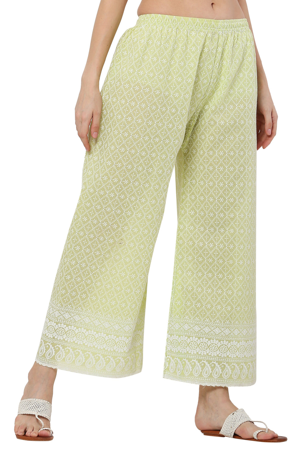 PAVONINE Lemon Color Full Thread Chikankari Cotton Fabric Palazzo For Women | Grocsy