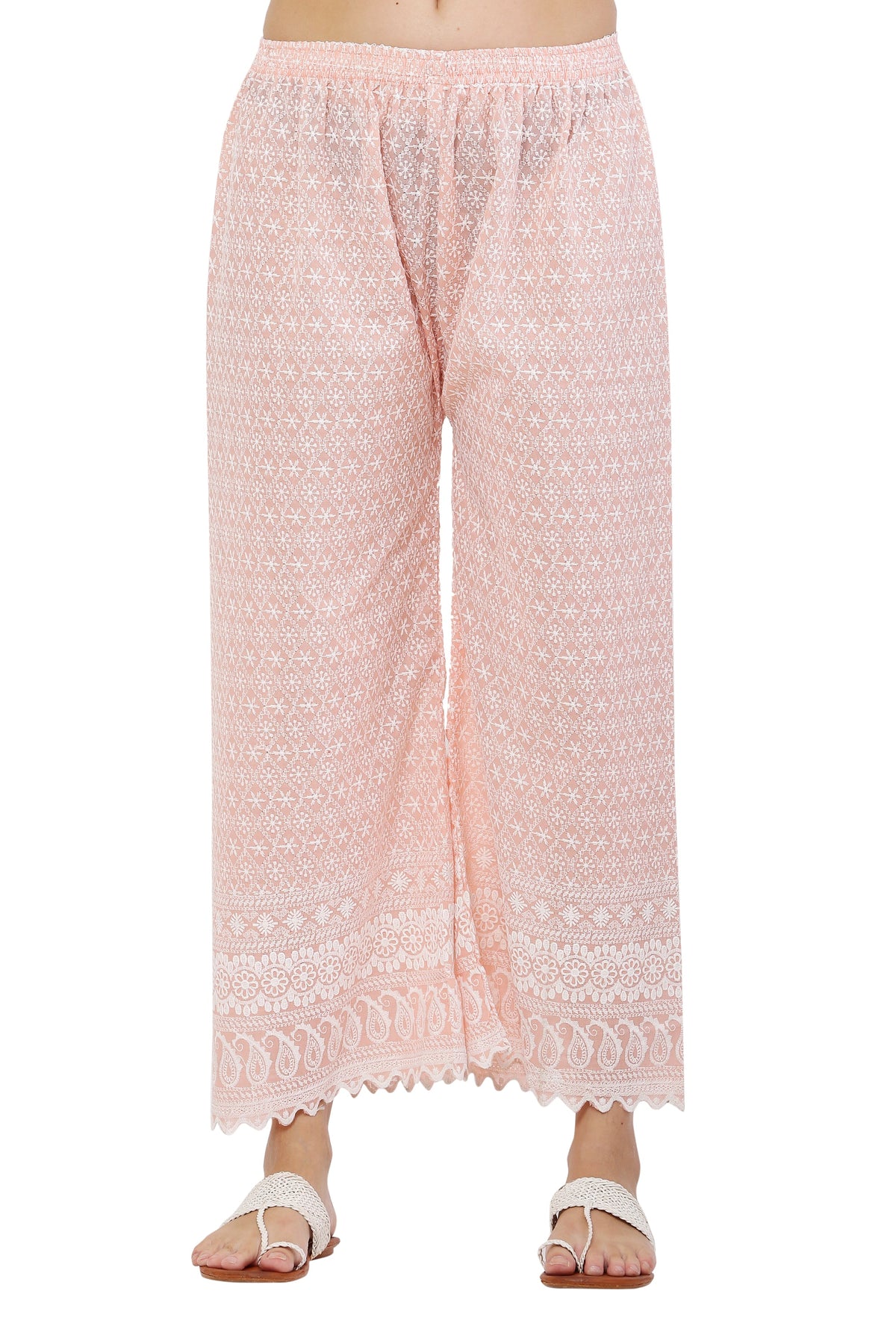 PAVONINE Peach Color Full Thread Chikankari Cotton Fabric Palazzo For Women | Grocsy