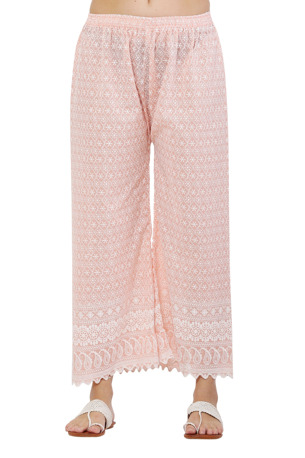 PAVONINE Peach Color Full Thread Chikankari Cotton Fabric Sharara For Women | Grocsy