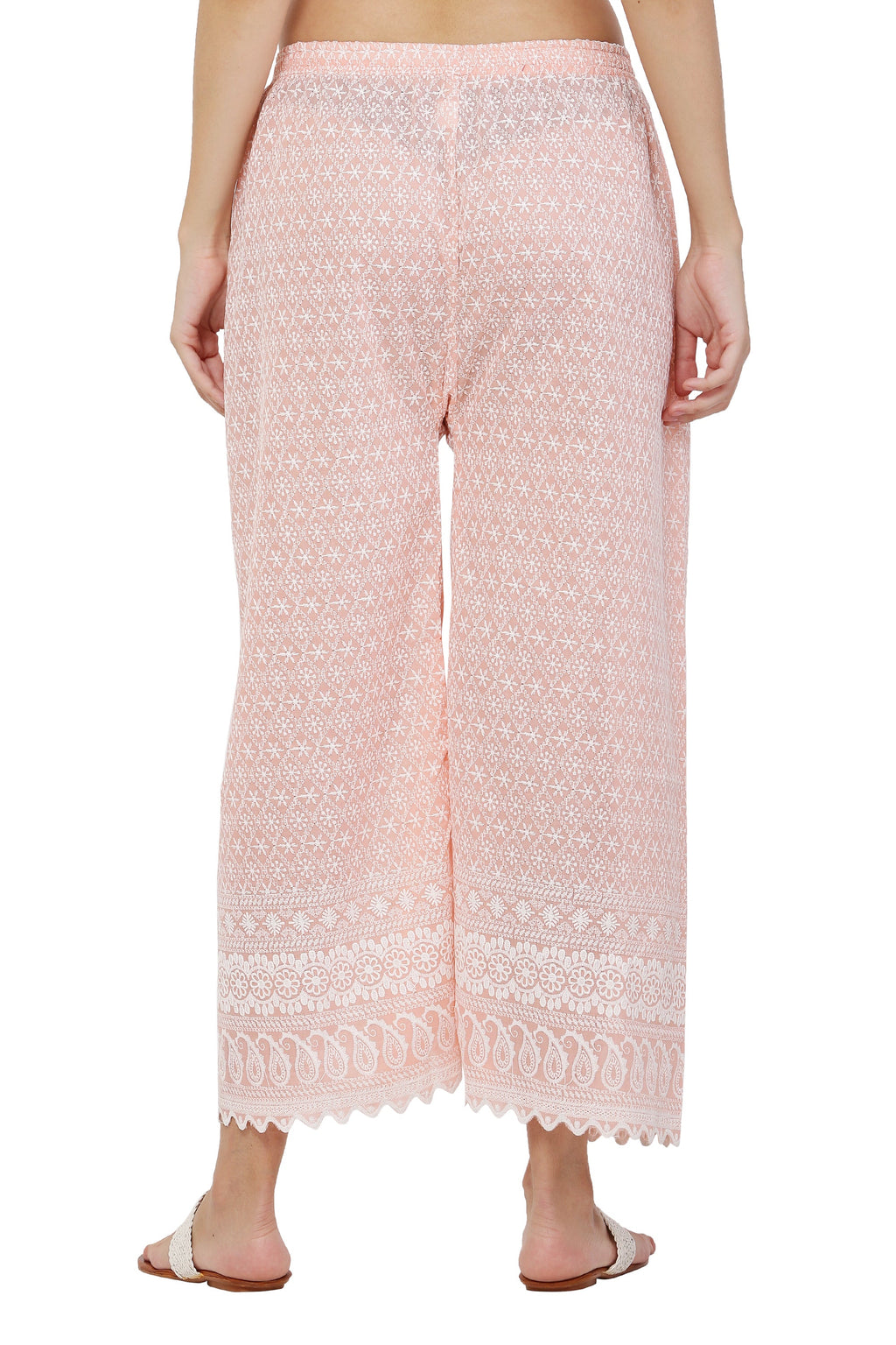 PAVONINE Peach Color Full Thread Chikankari Cotton Fabric Palazzo For Women | Grocsy
