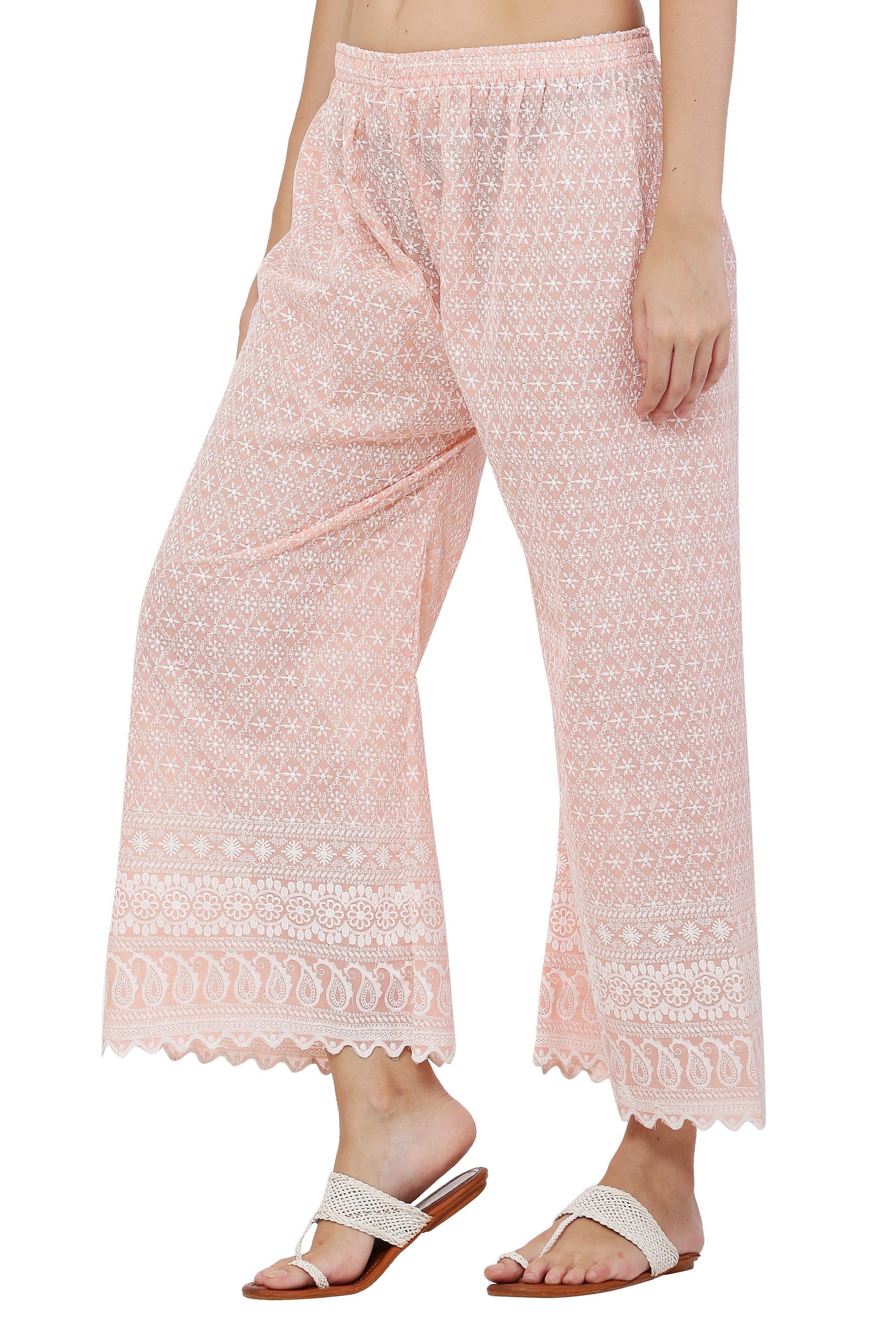 PAVONINE Peach Color Full Thread Chikankari Cotton Fabric Palazzo For Women | Grocsy