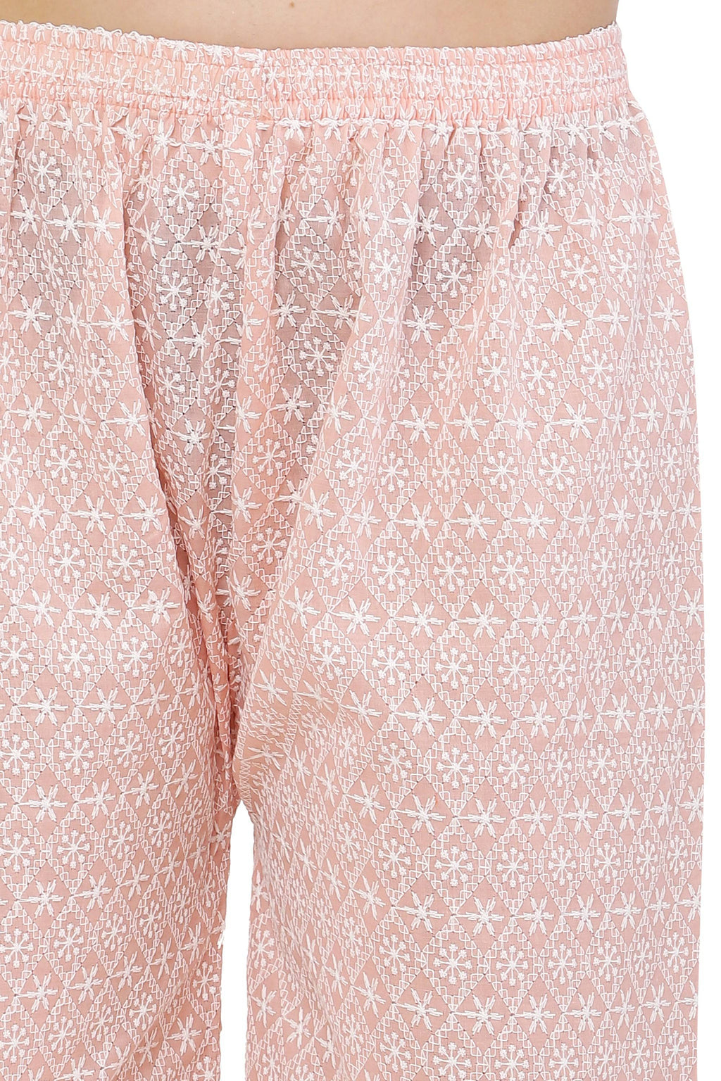 PAVONINE Peach Color Full Thread Chikankari Cotton Fabric Palazzo For Women | Grocsy