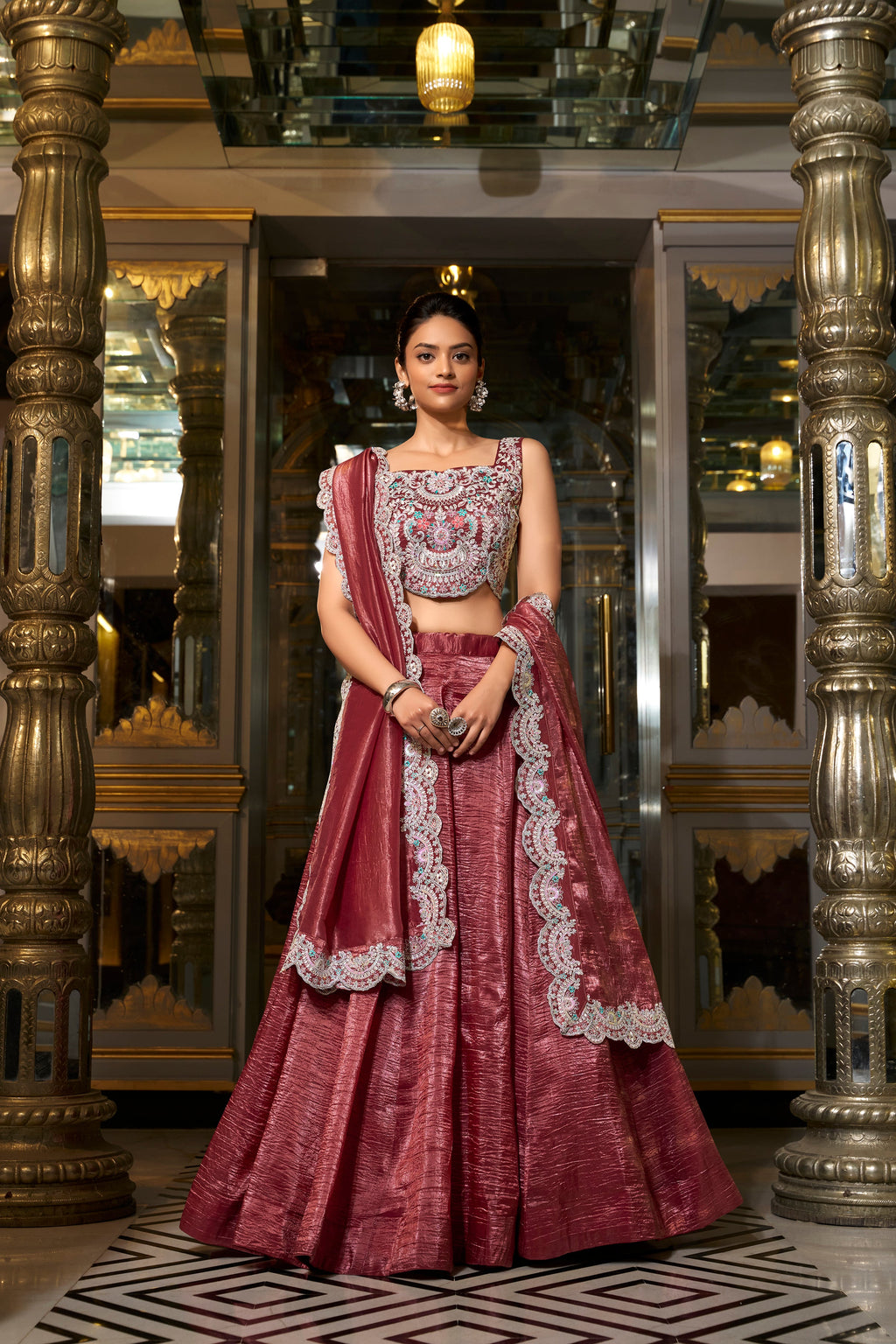 Lorenvalley Rust Gold Crush Fabric Plain Lehenga with Sequins and Thread Embroidery with Jarkan Diamond Work Choli and Dupatta | Grocsy